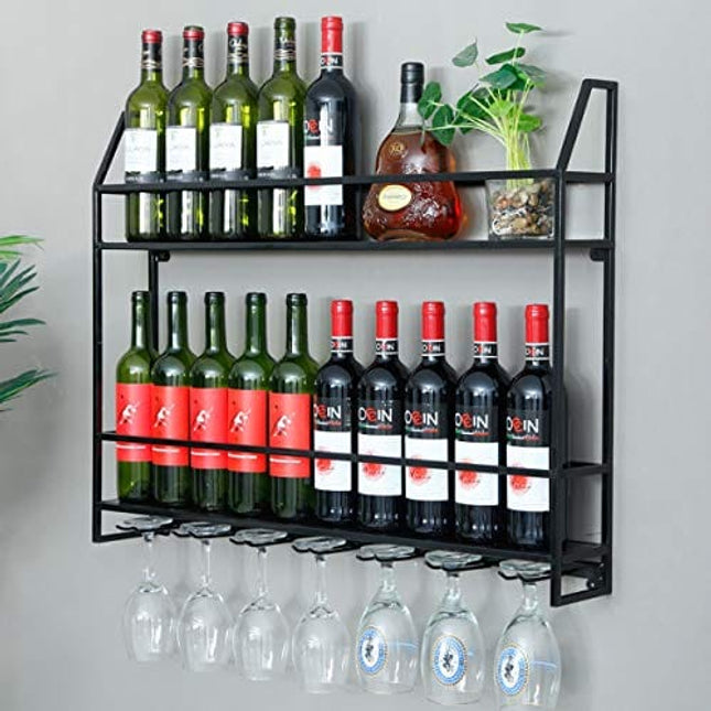 Industrial Wine Rack 20 Bottles Wall Mount Wine Cabinet with 7 Glasses Hook Hanging Metal Wine Rack Goblet Shelf for Home Bar Restaurant 31.5’’x4.7’’x24.5’’