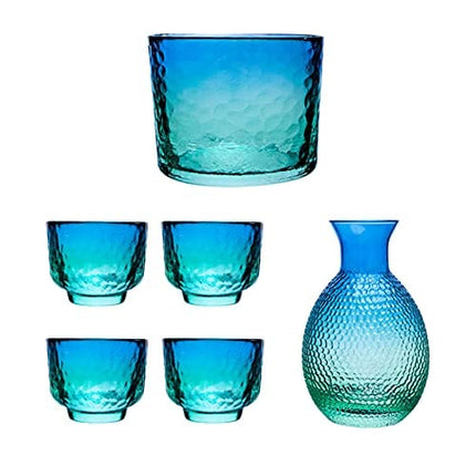 Japanese Sake Sets include 1 Sake Pot + 4 Sake Cups + 1 Bowl Tokkuri Bottle Ochoko Cups Decanter Carafe Set Glass Gifts for Saki Lover Party (blue)