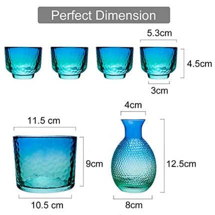 Japanese Sake Sets include 1 Sake Pot + 4 Sake Cups + 1 Bowl Tokkuri Bottle Ochoko Cups Decanter Carafe Set Glass Gifts for Saki Lover Party (blue)