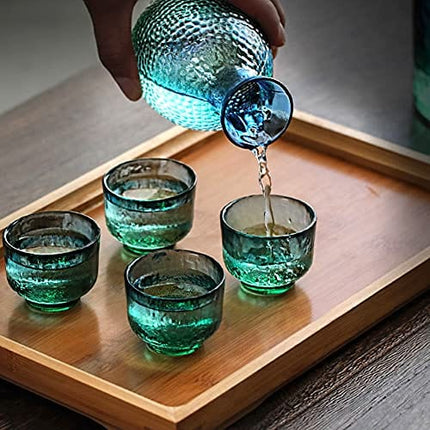 Japanese Sake Sets include 1 Sake Pot + 4 Sake Cups + 1 Bowl Tokkuri Bottle Ochoko Cups Decanter Carafe Set Glass Gifts for Saki Lover Party (blue)
