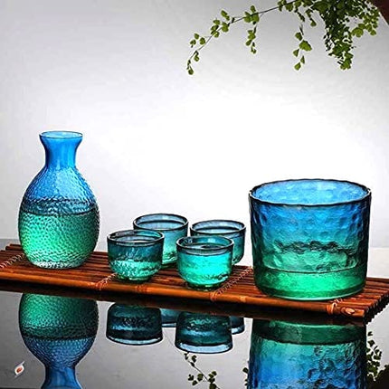Japanese Sake Sets include 1 Sake Pot + 4 Sake Cups + 1 Bowl Tokkuri Bottle Ochoko Cups Decanter Carafe Set Glass Gifts for Saki Lover Party (blue)