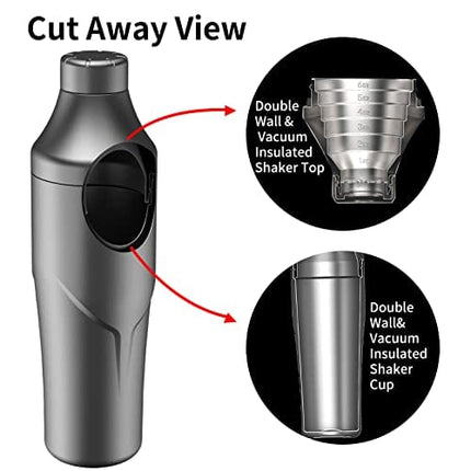 Cocktail Shaker - Haraye 24oz Vacuum Insulated Hybrid Drink Shaker - Built-in Strainer - Premium 18/8 Stainless Steel Margarita Mixer - Martini Shaker for the Home Bartender, Travel, Gifts (No Leaks)