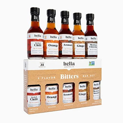 Hella Cocktail Co. 5-Pack Bitters Bar Set (8.5 Fl Oz Total) - Craft Aromatic, Orange, Ginger, Mexican Chocolate, and Smoked Chili Cocktail Bitters