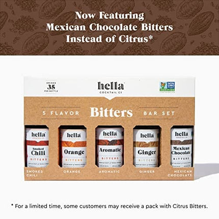Hella Cocktail Co. 5-Pack Bitters Bar Set (8.5 Fl Oz Total) - Craft Aromatic, Orange, Ginger, Mexican Chocolate, and Smoked Chili Cocktail Bitters