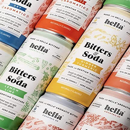Hella Cocktail Co. Variety Pack Bitters & Soda - 12oz Cans (Case of 12) - Ready to Drink or Use as Cocktail Mixer - Non-Alcoholic, Non-GMO, All Natural Ingredients, Made with Gentian Tincture