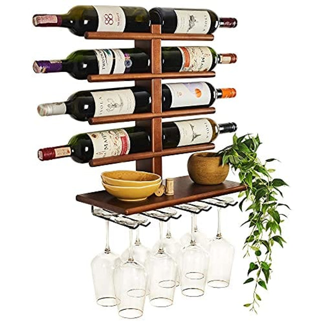 Wine Rack Wall Mounted with Shelf for 8 Wine Bottles & Glasses - Wood Rustic Wine Glass Floating Rack with Stemware Hanger. Wine Decor and Storage Holder for Kitchen, Living Room & Bar