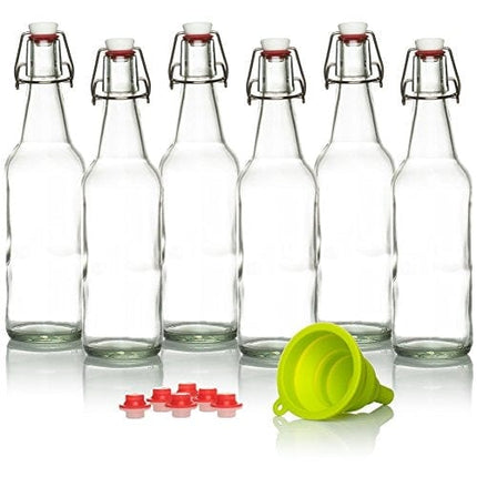 Swing Top Glass Bottles Brewing Bottles for Kombucha, Beer, Kiefer - 16 oz. - Grolsch Style Bottle (6 Set) with Funnel