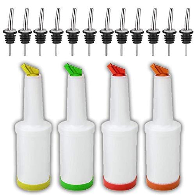 Liquor Bottle Pourers W/Tapered Spout 12 Pk + 4 Alcohol/Juice Pour Bottles, Multi Colors, Bar Supplies.
