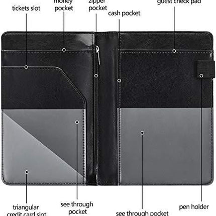 Server Books for Waitress - Leather Waiter Book Server Wallet with Zipper Pocket, Cute Waitress Book&Waitstaff Organizer with Money Pocket Fit Server Apron（Classic Black）