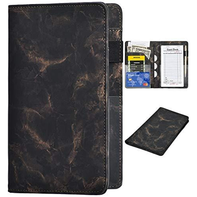 Server Books for Waitress -Marble Texture Leather Waiter Book Server Wallet with Zipper Pocket, Cute Waitress Book&Waitstaff Organizer with Money Pocket Fit Server Apron (Black Gold)