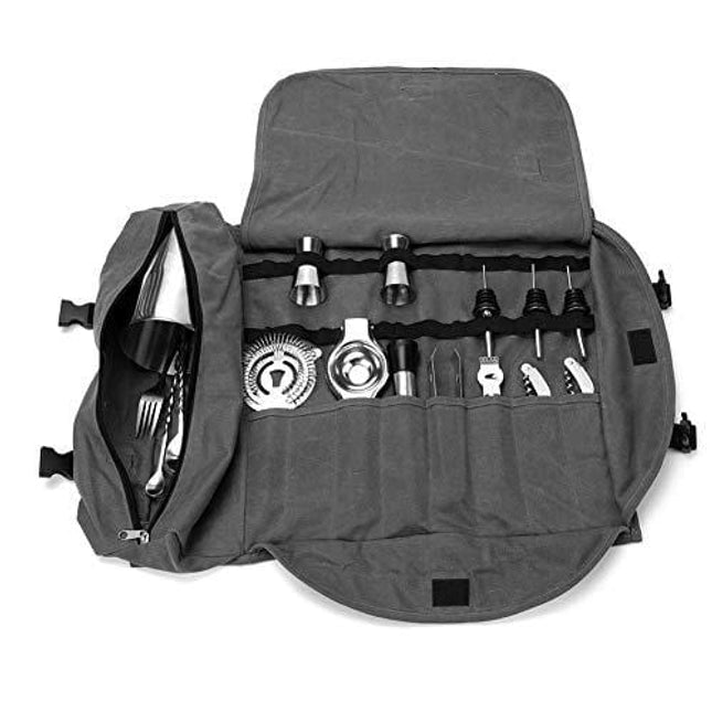 Bartender Kit Tote Bag, Large Barware Set Roll Bag, Cocktail Making Tool Set Bag, Portable Bar Case Bag, Cocktail Accessories Kit Roll Pouch,Multi-Funtion Barware Set Storage Case (Grey)