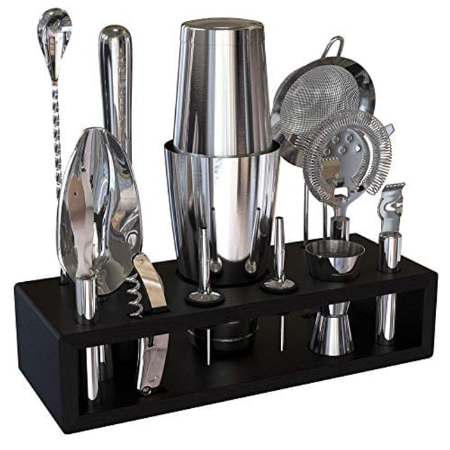 Highball & Chaser 13-Piece Boston Cocktail Shaker Set Stainless Steel Mixology Bartender Kit With Stand For Home Bar Cocktail Set | Laser Engraved Cocktail Tools | Plus E-Book with 30 Cocktail Recipes