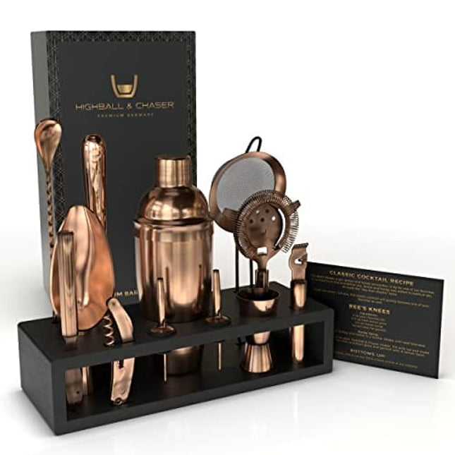 Highball & Chaser 13-Piece Cobbler Cocktail Shaker Set Matte Copper Stainless Steel Bartender Kit For Home Bar Cocktail Set Laser Engraved Cocktail Tools Plus E-Book with 30 Different Cocktail Recipes