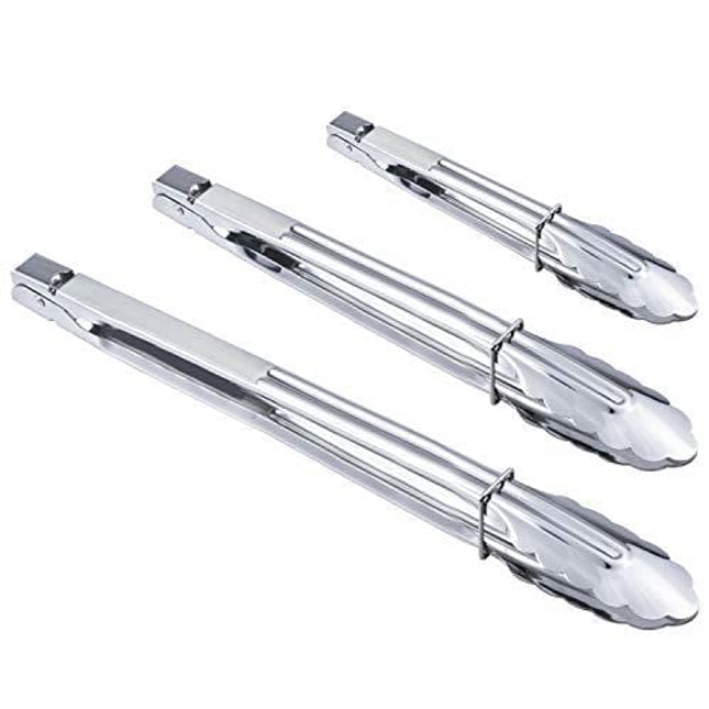 HINMAY Stainless Steel Spring Locking Food Tong Set Utility Metal Tongs for Serving Cooking Grilling and Barbeque (9 12 14 Inch 3 Pieces)