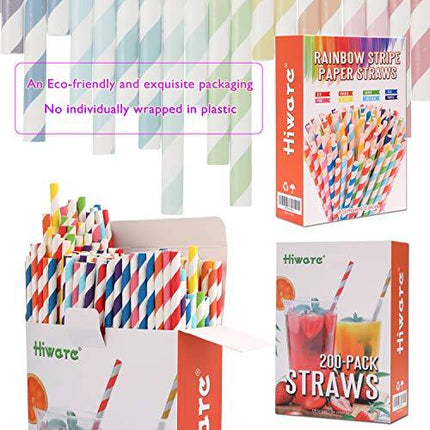 Hiware 200-Pack Biodegradable Paper Straws - 8 Different Colors Rainbow Stripe Paper Drinking Straws - Bulk Paper Straws for Juices, Shakes, Smoothies, Party Supplies Decorations