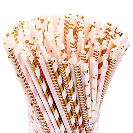 Hiware 200-Pack Pink/Gold Party Paper Straws - 8 Different Patterns Pink Straws/Gold Straws for Party, Birthday, Wedding, Bridal Shower, Baby Shower Supplies and Decorations