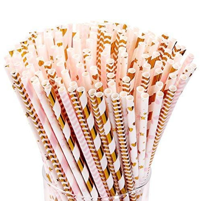 Hiware 200-Pack Pink/Gold Party Paper Straws - 8 Different Patterns Pink Straws/Gold Straws for Party, Birthday, Wedding, Bridal Shower, Baby Shower Supplies and Decorations