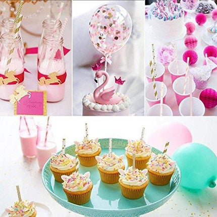 Hiware 200-Pack Pink/Gold Party Paper Straws - 8 Different Patterns Pink Straws/Gold Straws for Party, Birthday, Wedding, Bridal Shower, Baby Shower Supplies and Decorations