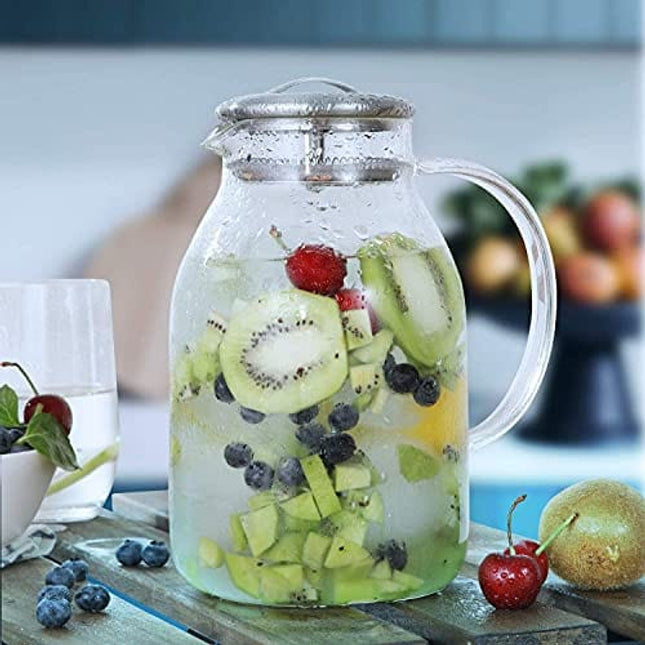 Hiware Glass Pitcher with Lid and Spout - 68 OZ Water Pitcher for Hot/Cold Water & Iced Tea, 18/8 Stainless Steel Lid, High Heat Resistance, 100% Lead-free