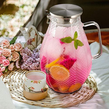 Large 75 Oz Glass Pitcher with 18/8 Stainless Steel Lid - Unique Squama Pattern - High Heat Resistance Water Pitcher for Hot/Cold Water & Iced Tea, 100% Lead-free and Drip-Free