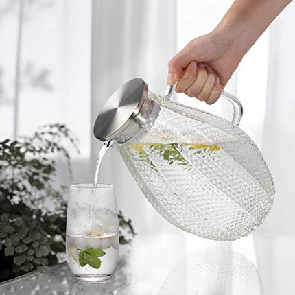 Large 75 Oz Glass Pitcher with 18/8 Stainless Steel Lid - Unique Squama Pattern - High Heat Resistance Water Pitcher for Hot/Cold Water & Iced Tea, 100% Lead-free and Drip-Free