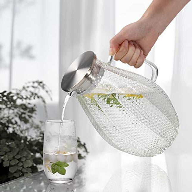 Large 75 Oz Glass Pitcher with 18/8 Stainless Steel Lid - Unique Squama Pattern - High Heat Resistance Water Pitcher for Hot/Cold Water & Iced Tea, 100% Lead-free and Drip-Free