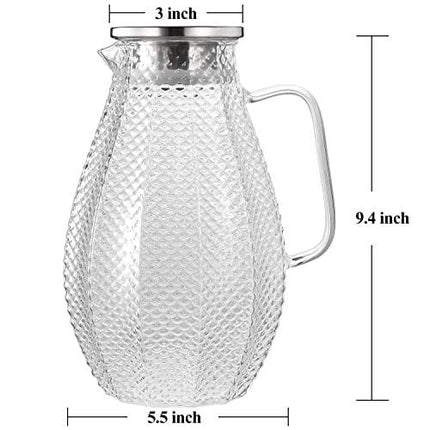 Large 75 Oz Glass Pitcher with 18/8 Stainless Steel Lid - Unique Squama Pattern - High Heat Resistance Water Pitcher for Hot/Cold Water & Iced Tea, 100% Lead-free and Drip-Free