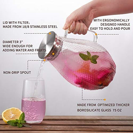 Large 75 Oz Glass Pitcher with 18/8 Stainless Steel Lid - Unique Squama Pattern - High Heat Resistance Water Pitcher for Hot/Cold Water & Iced Tea, 100% Lead-free and Drip-Free