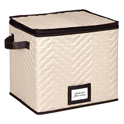 Champagne Flute Storage Box - Organizer Chest Holds 12 Stemware Glasses - Durable Microfiber Container Bin with Dividers and Carry Handles - Protects Flutes, Crystal Glass, Wine Glasses and Fine China