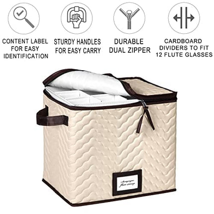 Champagne Flute Storage Box - Organizer Chest Holds 12 Stemware Glasses - Durable Microfiber Container Bin with Dividers and Carry Handles - Protects Flutes, Crystal Glass, Wine Glasses and Fine China