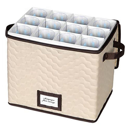 Champagne Flute Storage Box - Organizer Chest Holds 12 Stemware Glasses - Durable Microfiber Container Bin with Dividers and Carry Handles - Protects Flutes, Crystal Glass, Wine Glasses and Fine China