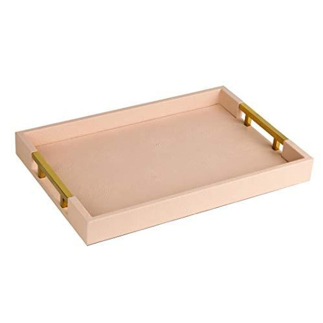 Home Redefined Modern Elegant 18"x12" Rectangle Pink Glossy Shagreen Decorative Ottoman Coffee Table Perfume Living Room Kitchen Serving Tray with Gold Polished Metal Handles for All Occasion's