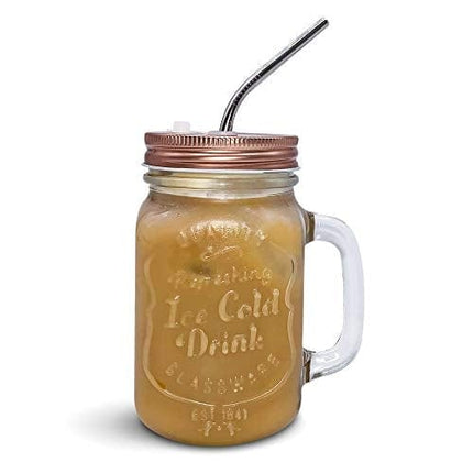 Home Suave - Mason Jar Mugs with Handle, Regular Mouth Colorful Lids with 2 Reusable Stainless Steel Straw, Set of 2 (Rose Gold), Kitchen GLASS 16 oz Jars,"Refreshing Ice Cold Drink" & Dishwasher Safe