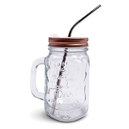Home Suave - Mason Jar Mugs with Handle, Regular Mouth Colorful Lids with 2 Reusable Stainless Steel Straw, Set of 2 (Rose Gold), Kitchen GLASS 16 oz Jars,"Refreshing Ice Cold Drink" & Dishwasher Safe