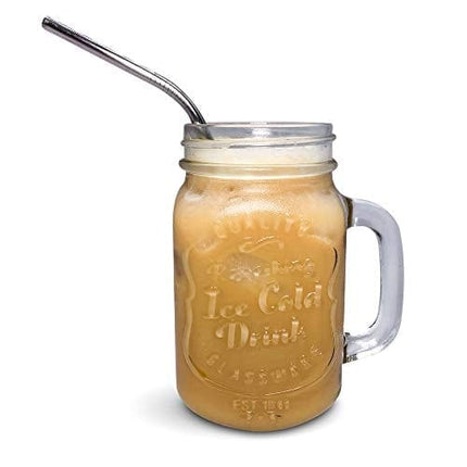 Mason Jar Mugs with Handle, Regular Mouth, Colorful Lids with 2 Reusable Stainless Steel Straw, Set of 2 (Black), Kitchen GLASS 16 oz Jars,"Refreshing Ice Cold Drink" & Dishwasher Safe