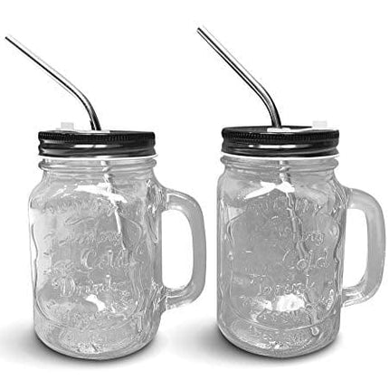 Mason Jar Mugs with Handle, Regular Mouth, Colorful Lids with 2 Reusable Stainless Steel Straw, Set of 2 (Black), Kitchen GLASS 16 oz Jars,"Refreshing Ice Cold Drink" & Dishwasher Safe