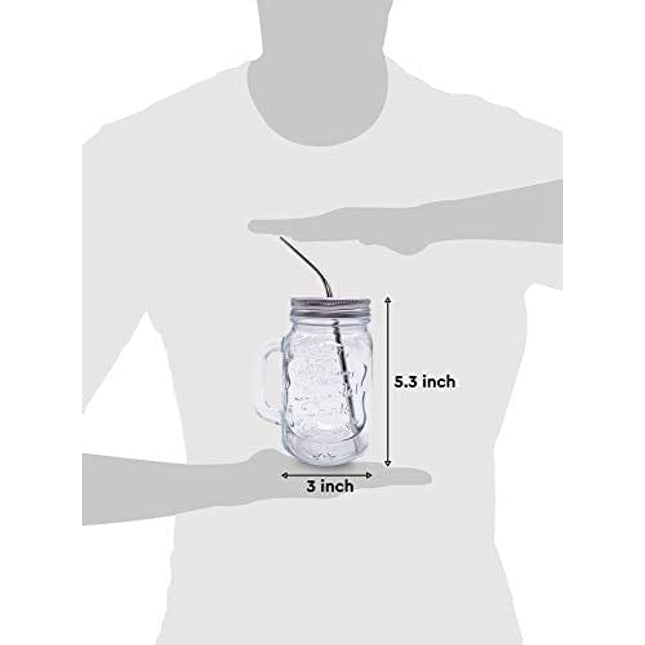 Mason Jar Mugs with Handle, Regular Mouth, Colorful Lids with 2 Reusable Stainless Steel Straw, Set of 2 (Black), Kitchen GLASS 16 oz Jars,"Refreshing Ice Cold Drink" & Dishwasher Safe