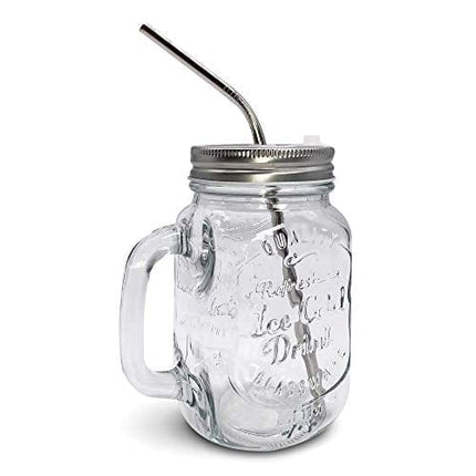 Mason Jar Mugs with Handle, Regular Mouth Colorful Lids with 2 Reusable Stainless Steel Straw, Set of 2 (Silver), Kitchen GLASS 16 oz Jars,"Refreshing Ice Cold Drink" & Dishwasher Safe