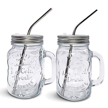 Mason Jar Mugs with Handle, Regular Mouth Colorful Lids with 2 Reusable Stainless Steel Straw, Set of 2 (Silver), Kitchen GLASS 16 oz Jars,"Refreshing Ice Cold Drink" & Dishwasher Safe