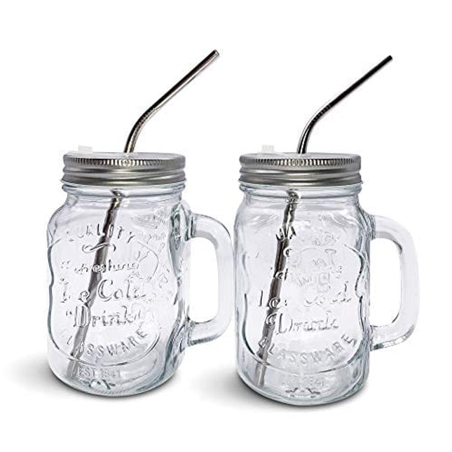 Mason Jar Mugs with Handle, Regular Mouth Colorful Lids with 2 Reusable Stainless Steel Straw, Set of 2 (Silver), Kitchen GLASS 16 oz Jars,"Refreshing Ice Cold Drink" & Dishwasher Safe