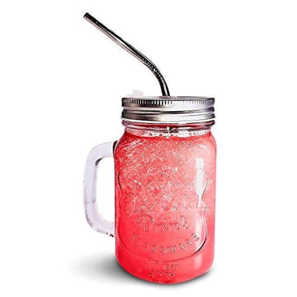 Mason Jar Mugs with Handle, Regular Mouth Colorful Lids with 2 Reusable Stainless Steel Straw, Set of 2 (Silver), Kitchen GLASS 16 oz Jars,"Refreshing Ice Cold Drink" & Dishwasher Safe