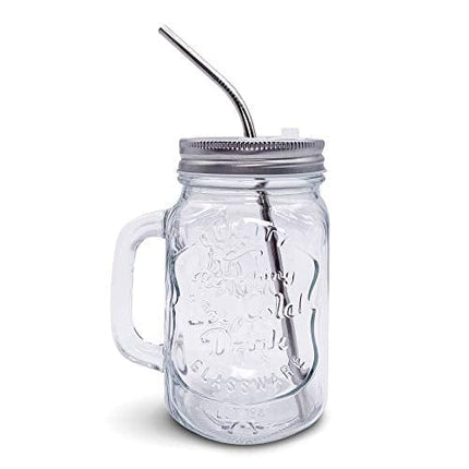 Mason Jar Mugs with Handle, Regular Mouth Colorful Lids with 2 Reusable Stainless Steel Straw, Set of 2 (Silver), Kitchen GLASS 16 oz Jars,"Refreshing Ice Cold Drink" & Dishwasher Safe