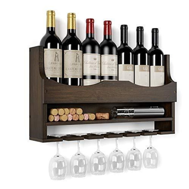 HOMECHO Wall Mounted Wine Rack Bamboo Wine Bottles Holder with Hanging Stemware Glasses Set and Wine Cork Storage, Home Kitchen Decor, Espresso
