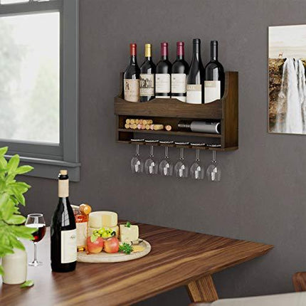 HOMECHO Wall Mounted Wine Rack Bamboo Wine Bottles Holder with Hanging Stemware Glasses Set and Wine Cork Storage, Home Kitchen Decor, Espresso