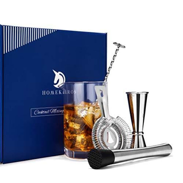 Premium Cocktail Mixing Glass Bar Set: 5 Piece Bartender Kit: 18oz Seamless Lead Free Crystal Mixing Glass with Weighted Thick Bottom, Hawthorne Strainer, Japanese Jigger, Mixing Spoon and Muddler