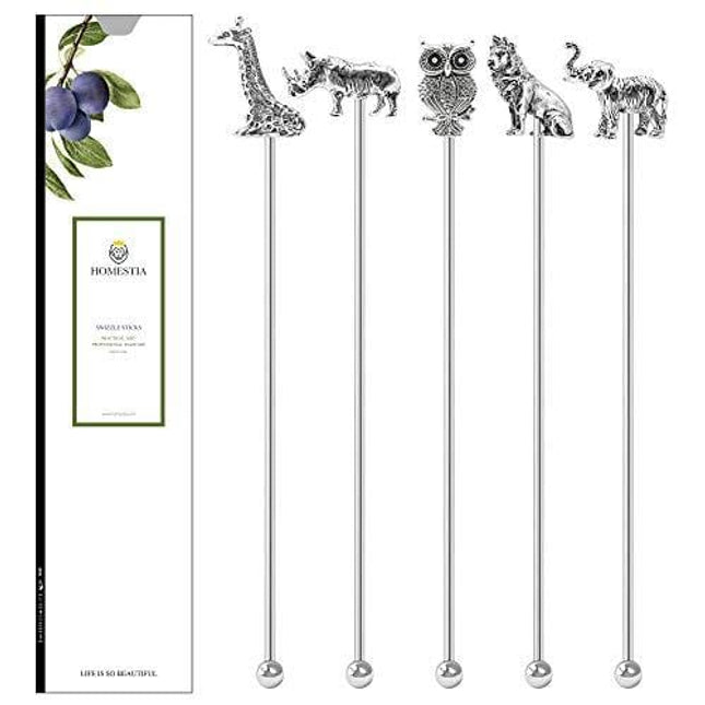 Homestia Cocktail Stirrers Coffee Swizzle Sticks Stainless Steel 8" Reusable Beverage Stir Sticks(Animal)