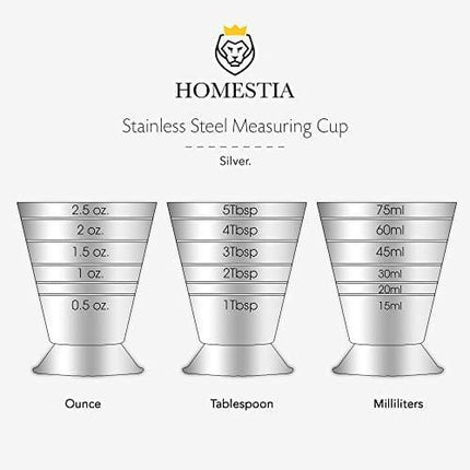 Homestia Measuring Cup Cocktail Jigger Stainless Steel Graduated Cup for Liquid or Dry Mini Espresso Shot Glass Up to 2.5oz, 5Tbsp, 75ml, Silver