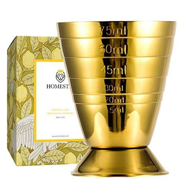 Homestia Measuring Cup Cocktail Jigger Stainless Steel Liquid Mini Espresso Shot Glass Up to 2.5oz, 5Tbsp, 75ml, Gold