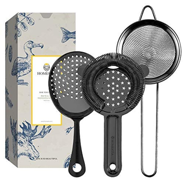 Homestia Cocktail Strainer Set Stainless Steel Bar Tool Bar Accessories for Drinks and Decor includes Hawthorne Strainer, Julep Strainer, Fine Mesh Strainer(Black)