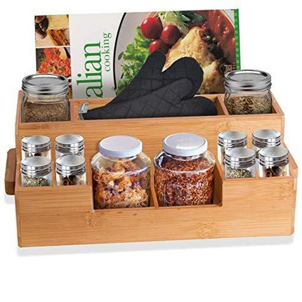 Bamboo Utensil Holder Wooden Caddy Set , Silverware Flatware Beer Tray For Spoons Knives Forks Napkins Chopsticks Condiments 10 Compartment Coffee Breakroom Kitchen Organizer Home